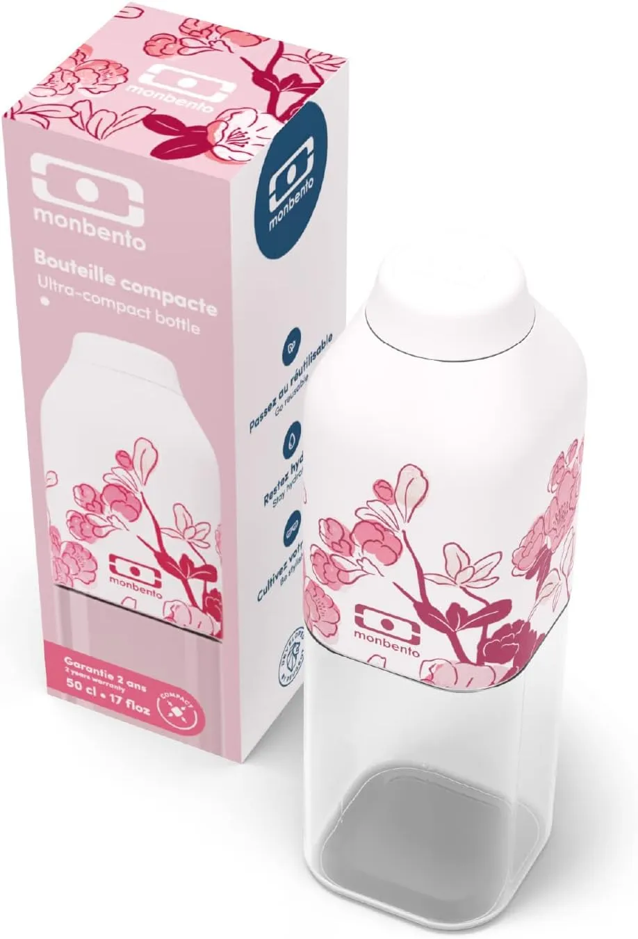 monbento - Clear Reusable Water Bottle MB Positive M graphic Magnolia - 17 floz/500 ml Water Bottle Perfect for Work, Travel, Sport, Picnic - Compact, Leakproof BPA Free Water Bottle - Pink Flowers