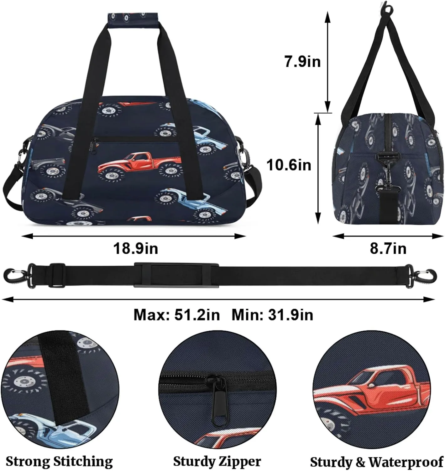Monster Truck Gym Bag for Women Men, Sports Travel Duffel Bag Lightweight Workout Bag Carry On Overnight Weekender Bag