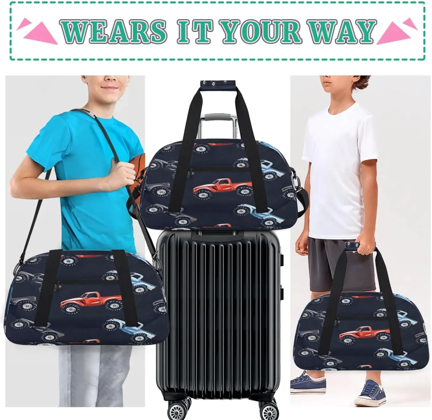 Monster Truck Gym Bag for Women Men, Sports Travel Duffel Bag Lightweight Workout Bag Carry On Overnight Weekender Bag