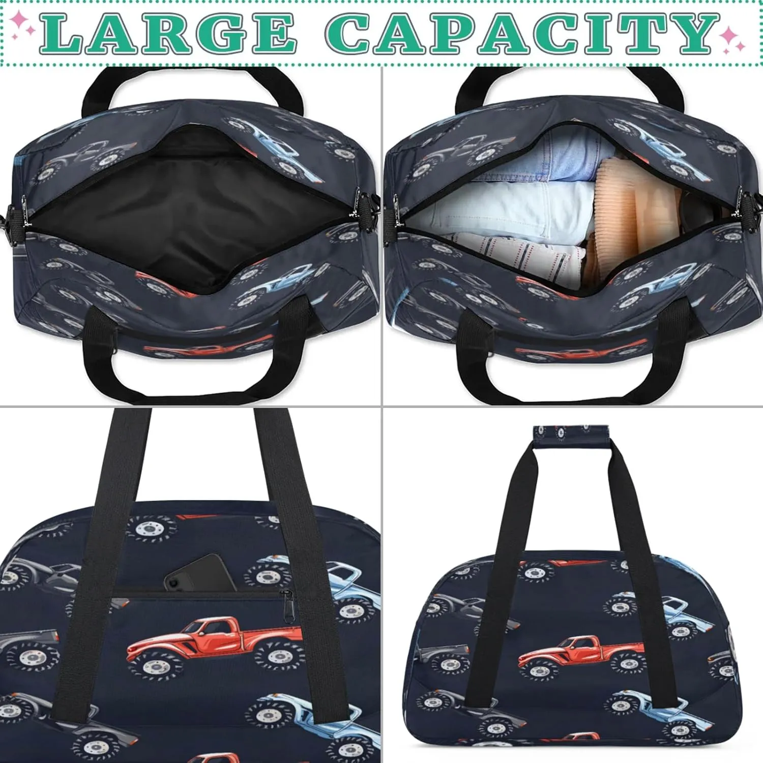 Monster Truck Gym Bag for Women Men, Sports Travel Duffel Bag Lightweight Workout Bag Carry On Overnight Weekender Bag