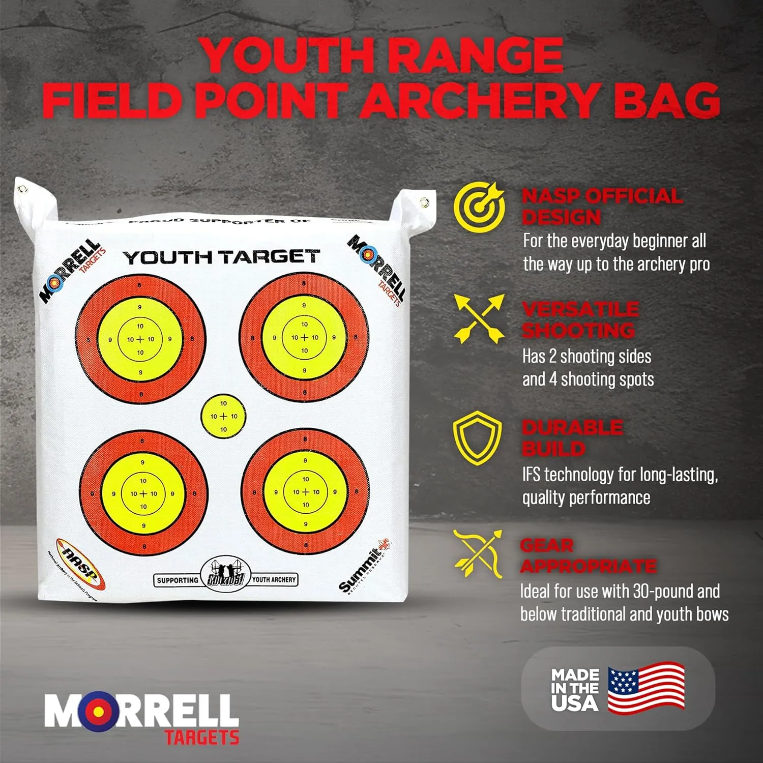 Morrell Lightweight Outdoor Portable Youth Kids Range NASP Field Point Archery Bag Target with 2 Sides and 4 Shooting Spots for 30 Pound Bows