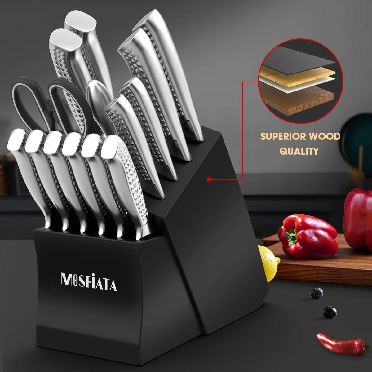 MOSFiATA Japanese Stainless Steel Knife Set, 17 Pcs with Block, Knife Sharpening Rod, Dishwasher Safe, Dad Birthday Gift