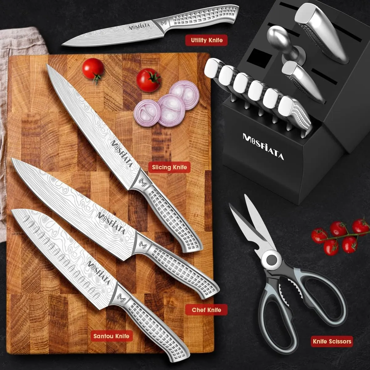 MOSFiATA Japanese Stainless Steel Knife Set, 17 Pcs with Block, Knife Sharpening Rod, Dishwasher Safe, Dad Birthday Gift