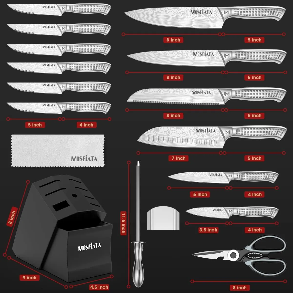 MOSFiATA Japanese Stainless Steel Knife Set, 17 Pcs with Block, Knife Sharpening Rod, Dishwasher Safe, Dad Birthday Gift