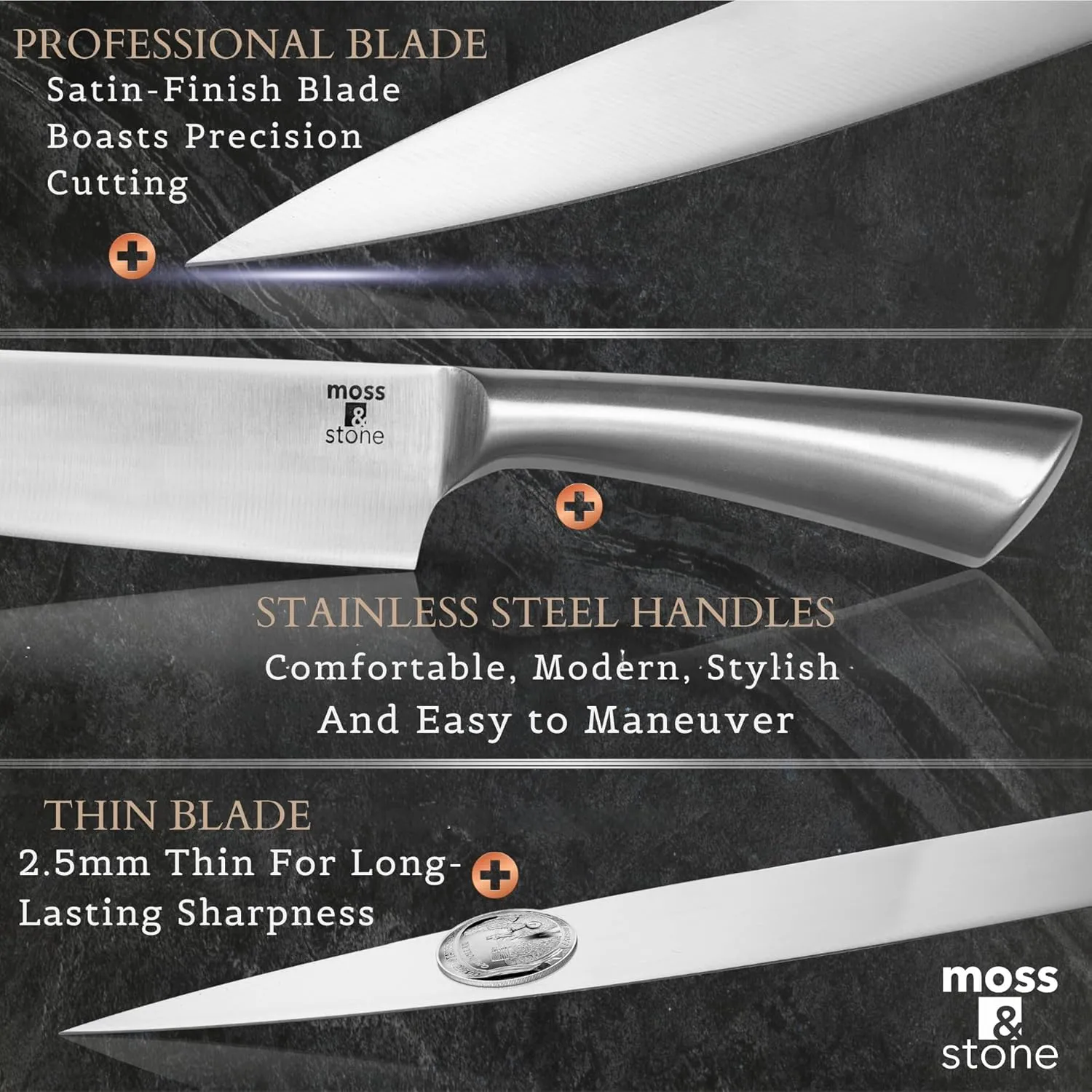 Moss & Stone Professional Kitchen Knife Chef Set, 6 Pcs Small Knife Set With Block, Premium Kitchen Knife Set Stainless Steel, Scratch Resistant & Rust Proof, Knife Block With Sharp Cooking Knives.