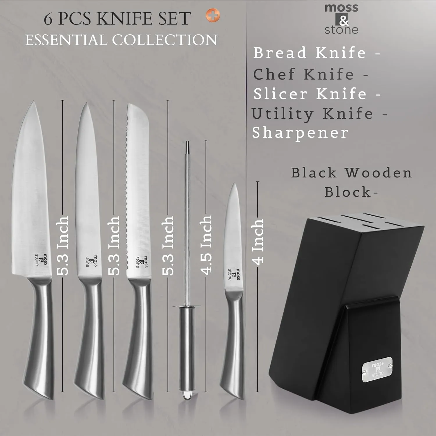 Moss & Stone Professional Kitchen Knife Chef Set, 6 Pcs Small Knife Set With Block, Premium Kitchen Knife Set Stainless Steel, Scratch Resistant & Rust Proof, Knife Block With Sharp Cooking Knives.