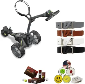 Motocaddy Caddy Cart Bundle with Holders for Umbrella/Scorecard/Drink, Device Cradle, Volvik VS4 Premium Balls, Volvik Leather Belts, and 5 Golf Markers 1 Magnetic Clip