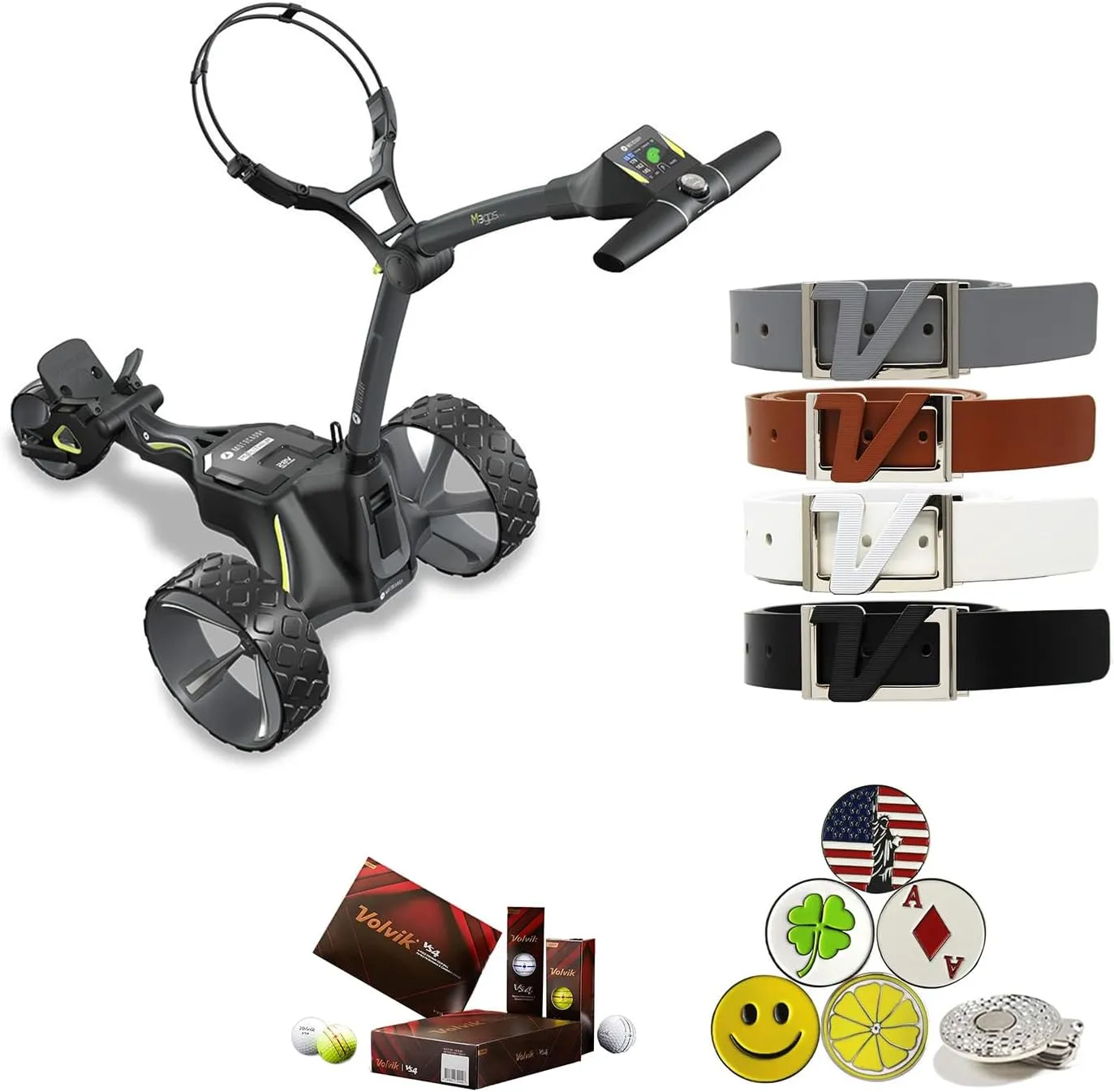 Motocaddy Caddy Cart Bundle with Holders for Umbrella/Scorecard/Drink, Device Cradle, Volvik VS4 Premium Balls, Volvik Leather Belts, and 5 Golf Markers 1 Magnetic Clip