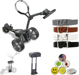 Motocaddy M3 GPS Electric Caddy Cart, NO Remote, Bundle with Holders for Umbrella/Scorecard/Drink, Device Cradle, Volvik Leather Belts, M Series Seat, 5 Ball Markers, & 1 Magnetic Hat Clip