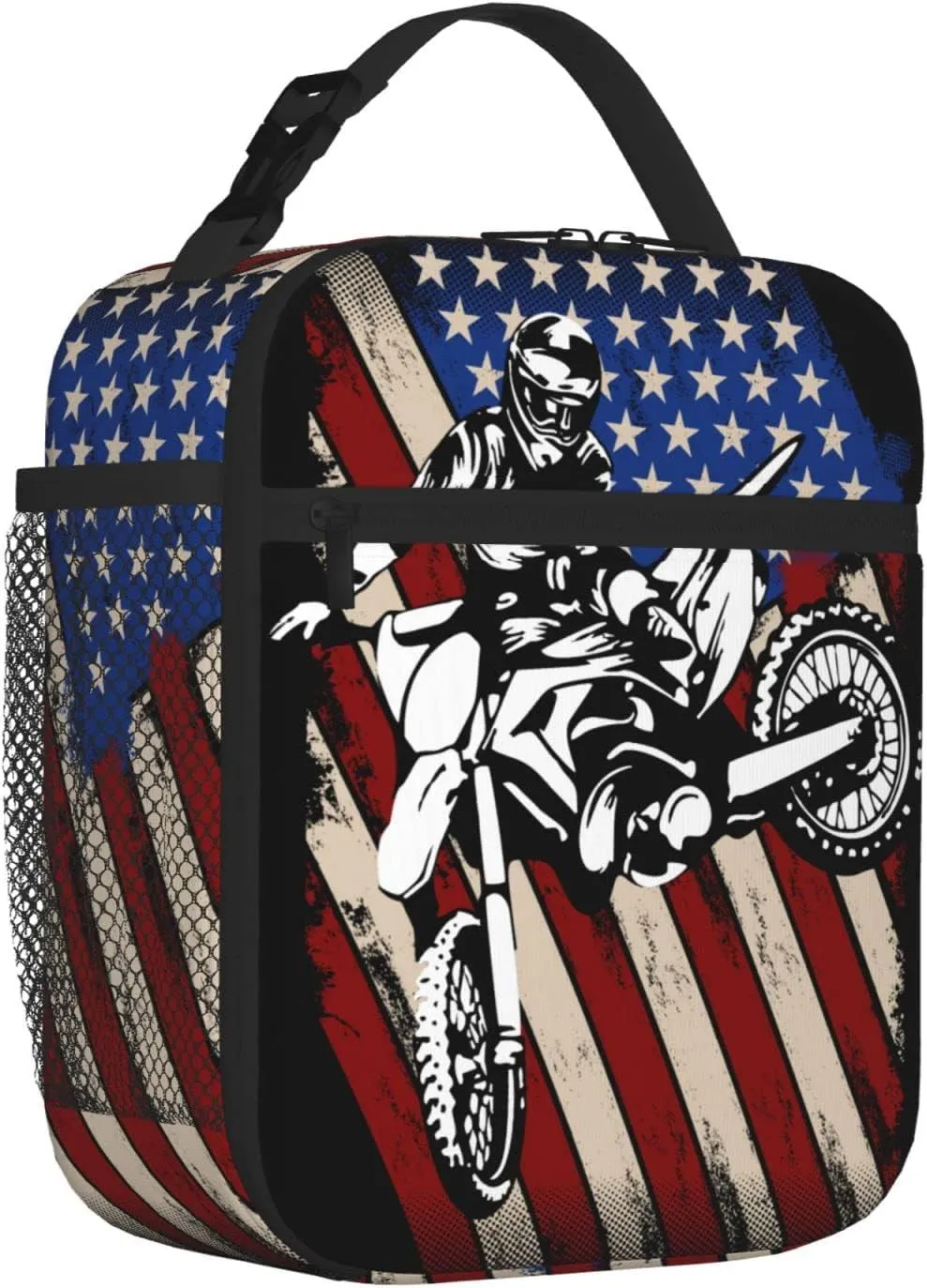 Motorcross American Flag Lunch Bag for Mens Womens Insulated Reusable Lunch Box with Adjustable Shoulder Strap