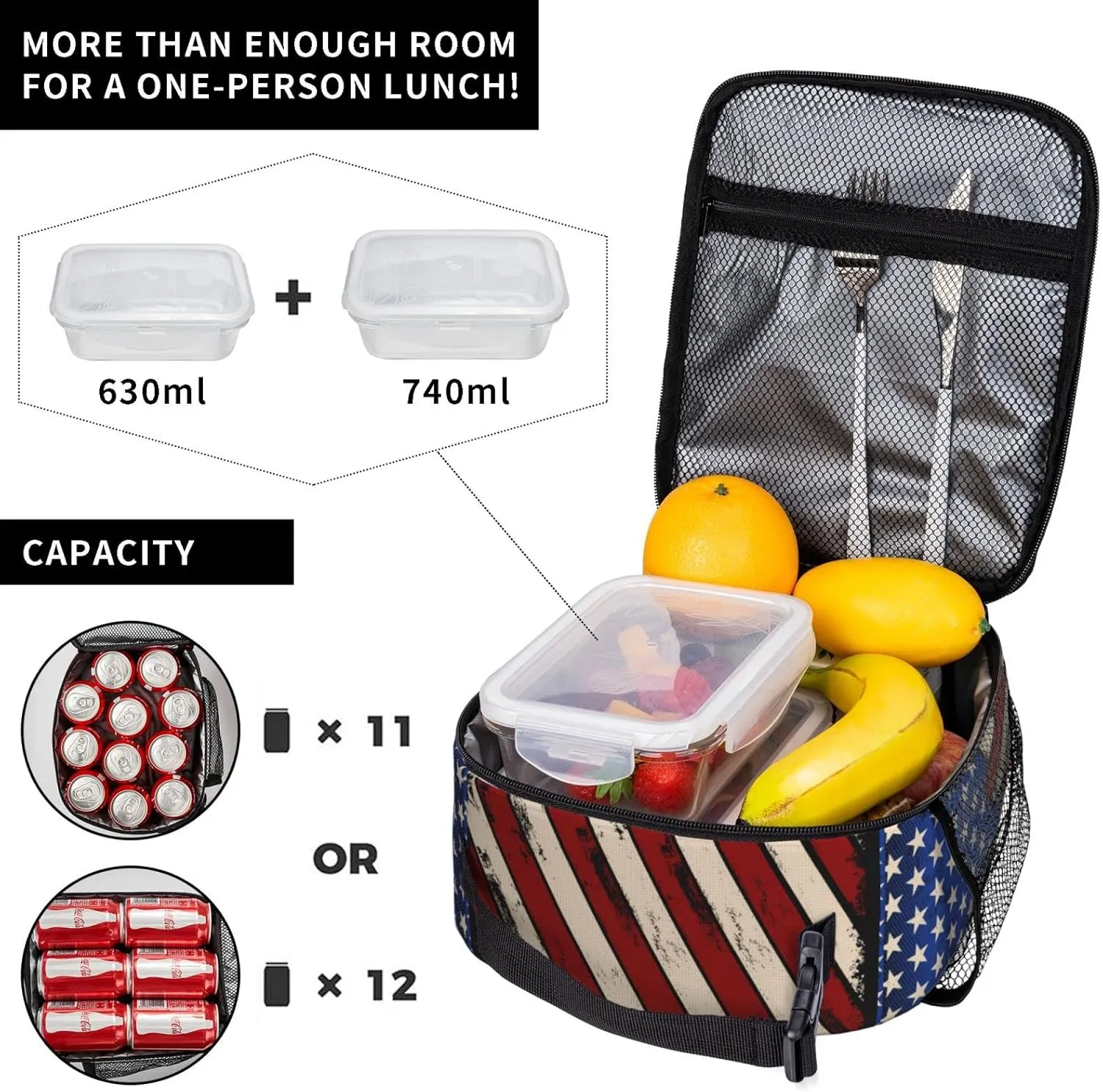 Motorcross American Flag Lunch Bag for Mens Womens Insulated Reusable Lunch Box with Adjustable Shoulder Strap