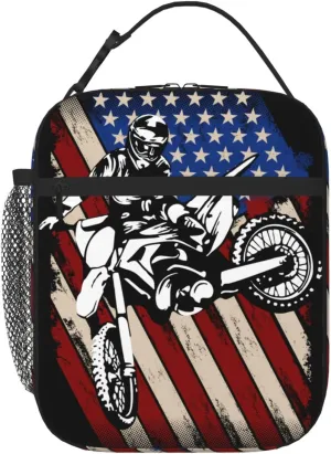 Motorcross American Flag Lunch Bag for Mens Womens Insulated Reusable Lunch Box with Adjustable Shoulder Strap