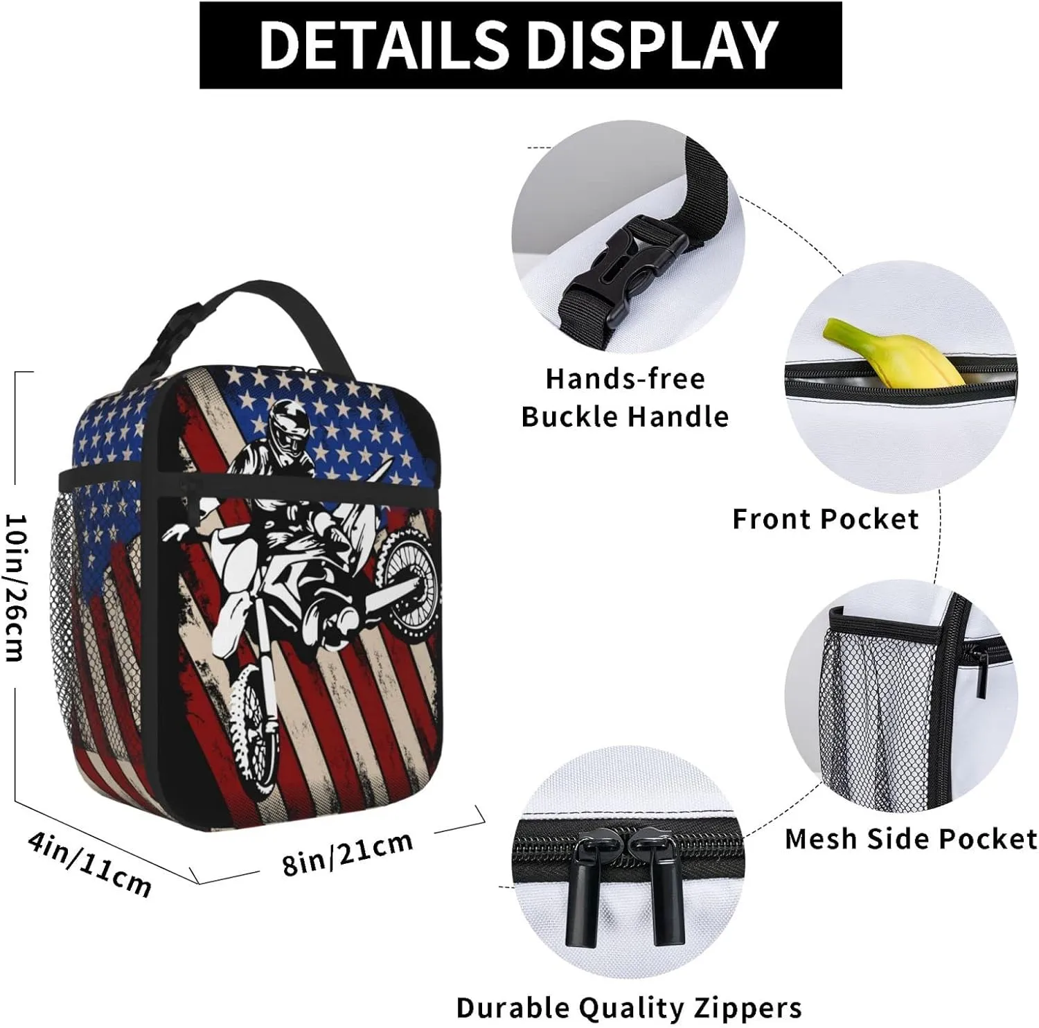 Motorcross American Flag Lunch Bag for Mens Womens Insulated Reusable Lunch Box with Adjustable Shoulder Strap