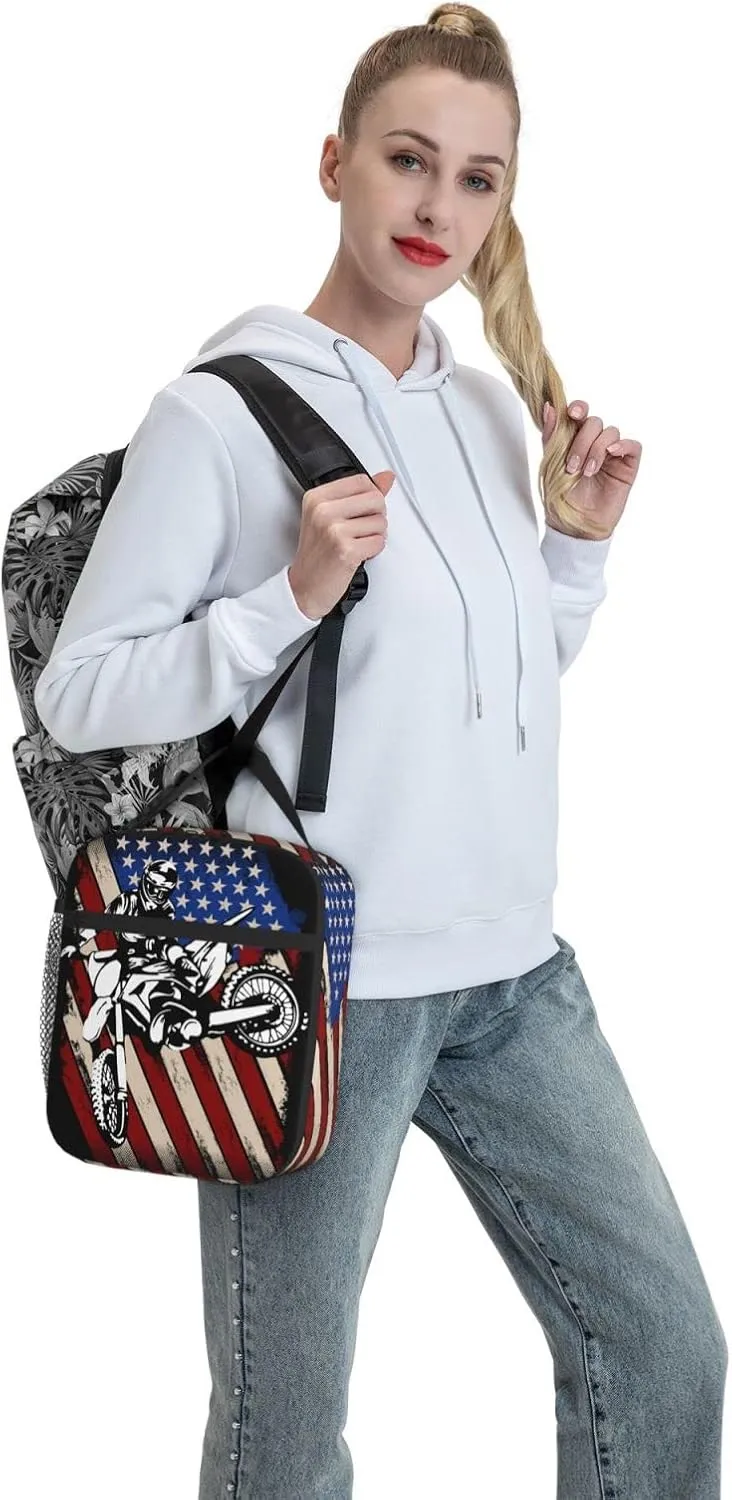 Motorcross American Flag Lunch Bag for Mens Womens Insulated Reusable Lunch Box with Adjustable Shoulder Strap