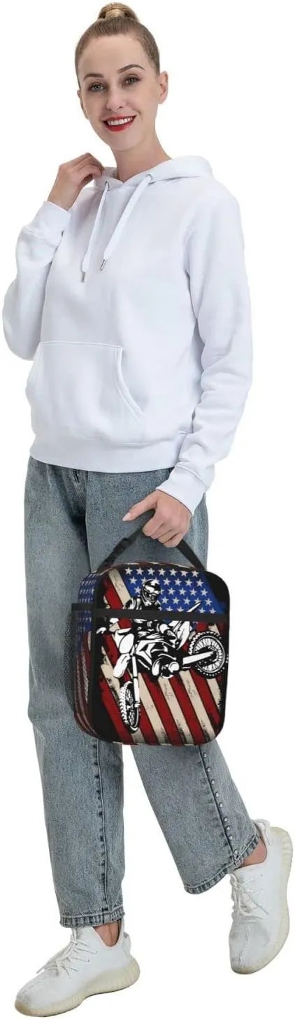 Motorcross American Flag Lunch Bag for Mens Womens Insulated Reusable Lunch Box with Adjustable Shoulder Strap