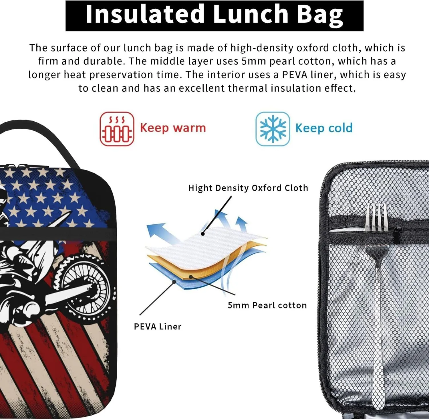 Motorcross American Flag Lunch Bag for Mens Womens Insulated Reusable Lunch Box with Adjustable Shoulder Strap