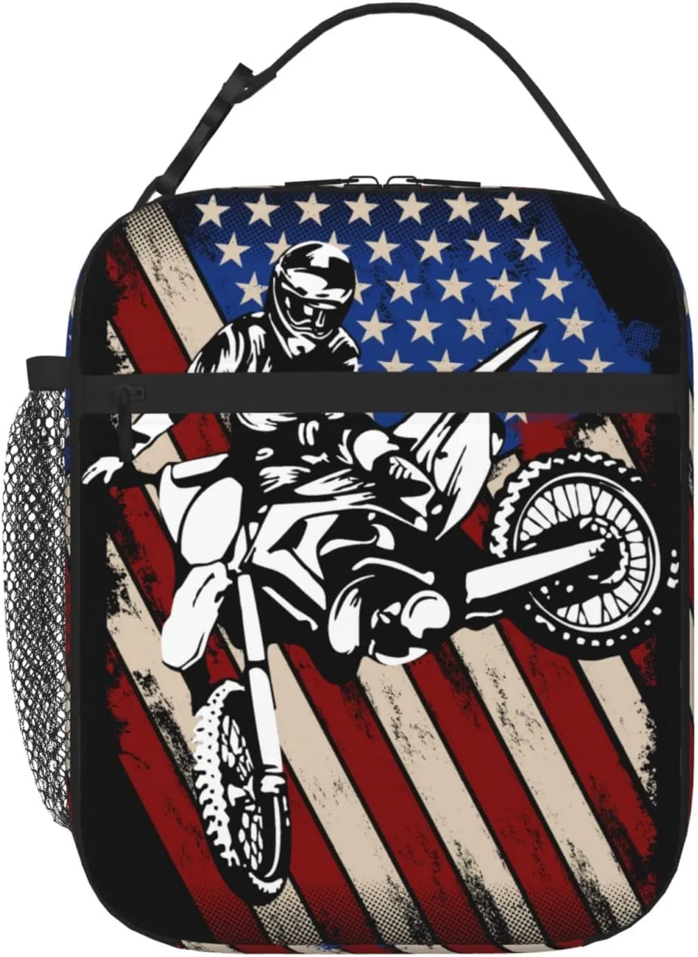 Motorcross American Flag Lunch Bag for Mens Womens Insulated Reusable Lunch Box with Adjustable Shoulder Strap