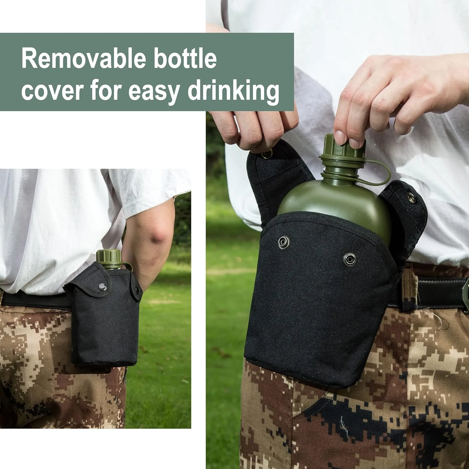 Mountain Land Military Canteen Oblong PE Insulated Camouflage Bag Carrier Cover 1L Capacity Portable Cylinder Sports Water Bottle Tactical Bottle Pouch Outdoor Black 1L