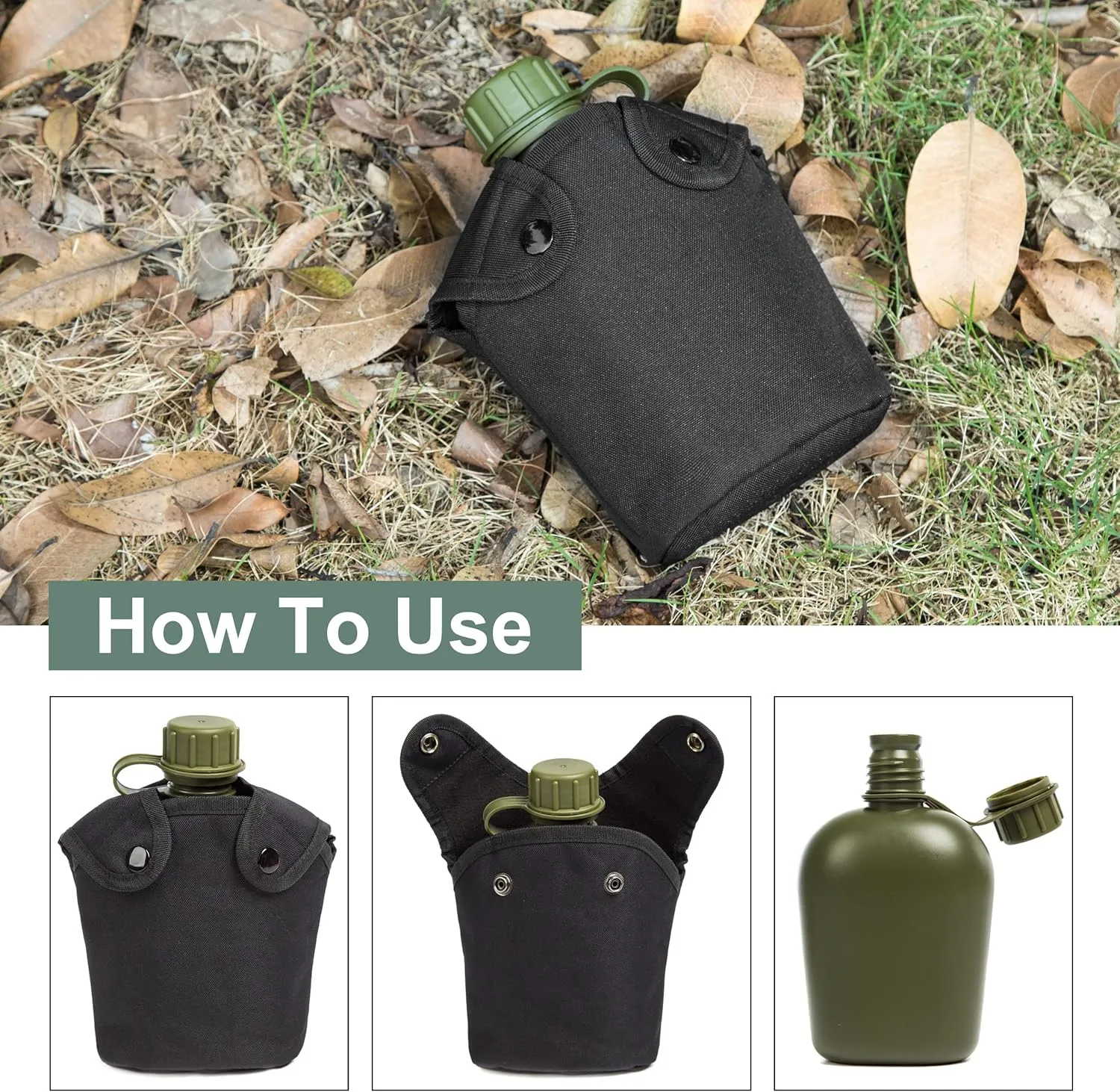 Mountain Land Military Canteen Oblong PE Insulated Camouflage Bag Carrier Cover 1L Capacity Portable Cylinder Sports Water Bottle Tactical Bottle Pouch Outdoor Black 1L