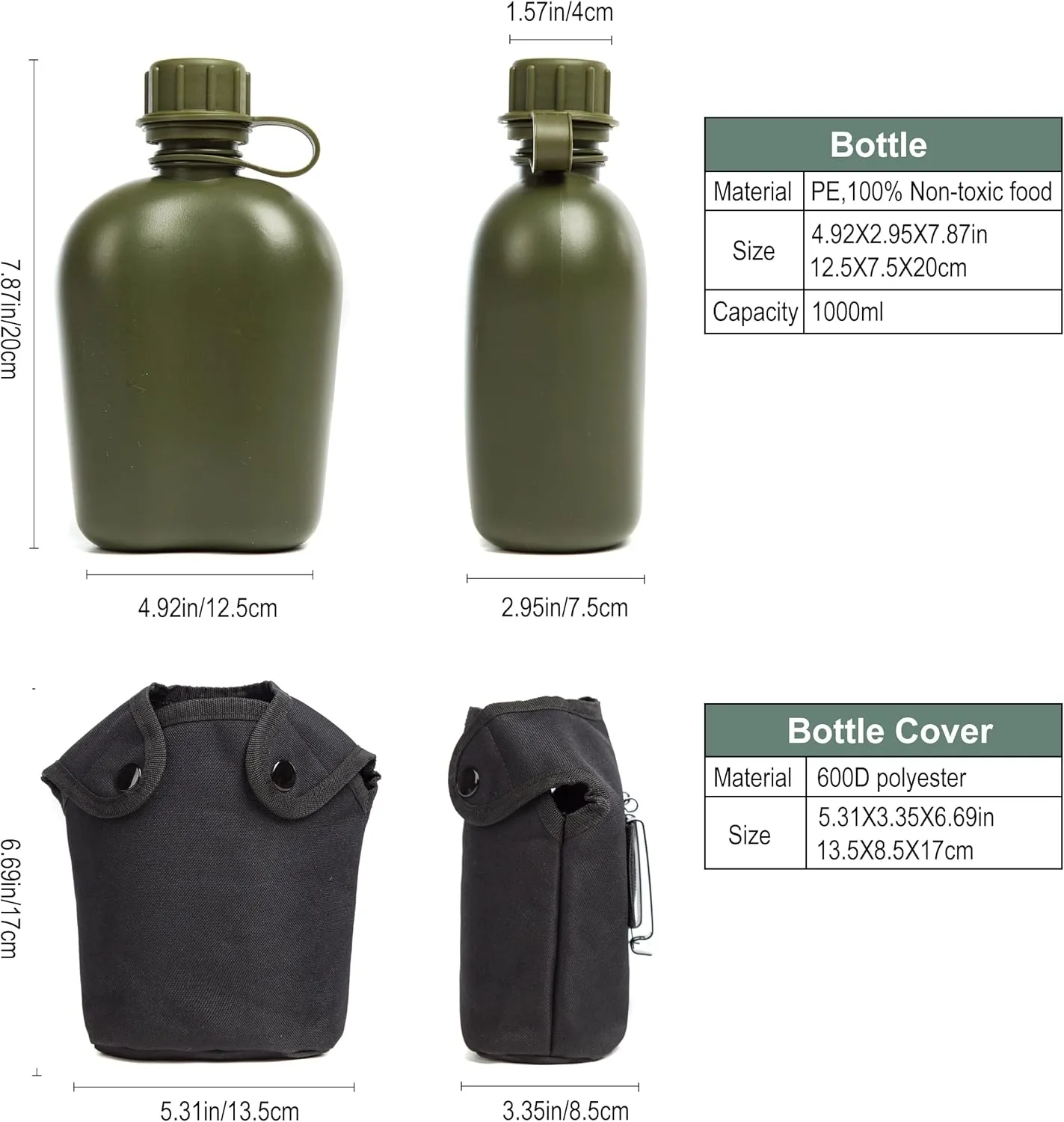 Mountain Land Military Canteen Oblong PE Insulated Camouflage Bag Carrier Cover 1L Capacity Portable Cylinder Sports Water Bottle Tactical Bottle Pouch Outdoor Black 1L