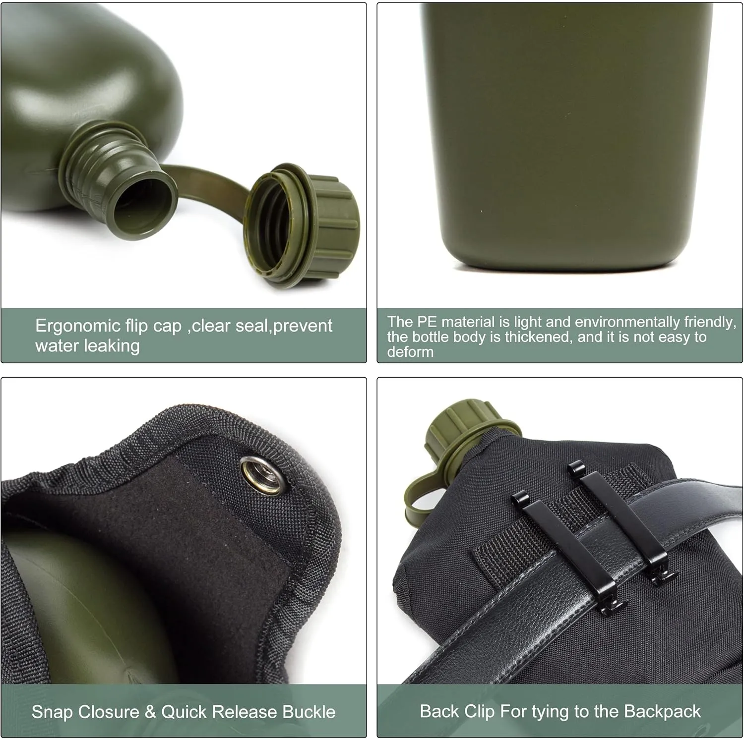 Mountain Land Military Canteen Oblong PE Insulated Camouflage Bag Carrier Cover 1L Capacity Portable Cylinder Sports Water Bottle Tactical Bottle Pouch Outdoor Black 1L