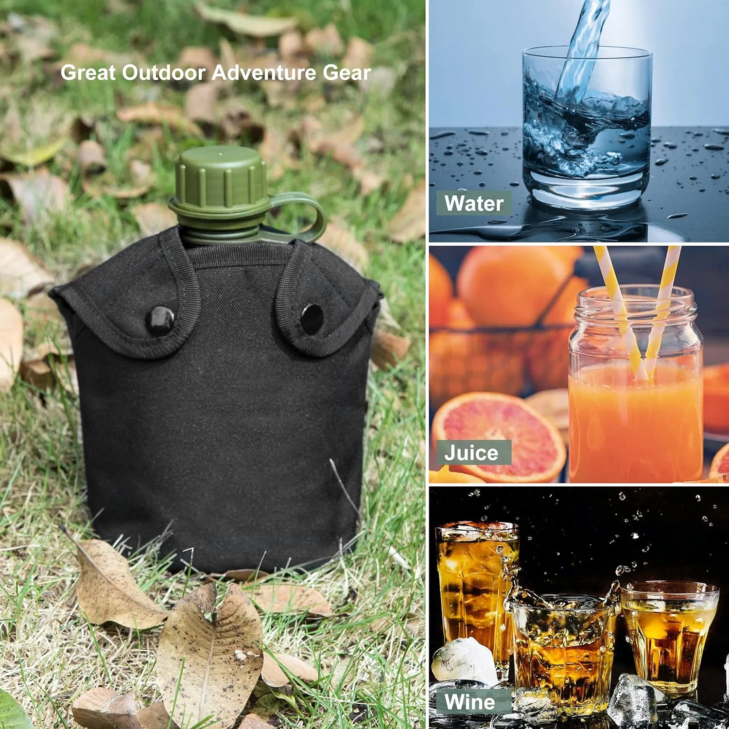 Mountain Land Military Canteen Oblong PE Insulated Camouflage Bag Carrier Cover 1L Capacity Portable Cylinder Sports Water Bottle Tactical Bottle Pouch Outdoor Black 1L