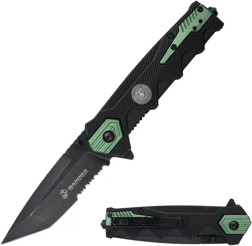 MTECH USA Pocket Folding Knife, 8.50" Overall Length, 3.55" Stonewash Tanto Blade, Black Nylon Handle, Glass Breaker, Green, EDC