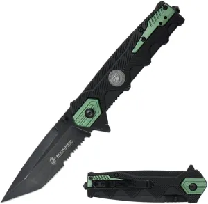 MTECH USA Pocket Folding Knife, 8.50" Overall Length, 3.55" Stonewash Tanto Blade, Black Nylon Handle, Glass Breaker, Green, EDC