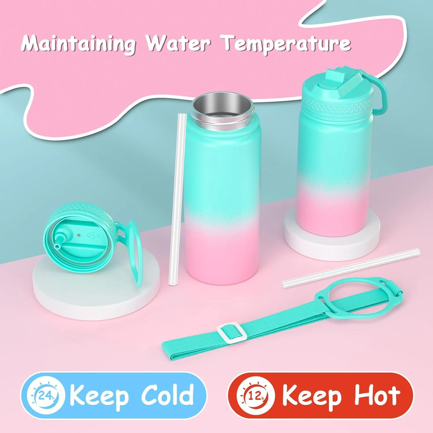 MURRICON 12oz Kids Water Bottle for School,Stainless Steel Water Bottles Kids with Straw,Vacuum Insulated Water Bottle for Kids,Gifts for Boys and Girls,GreenPink
