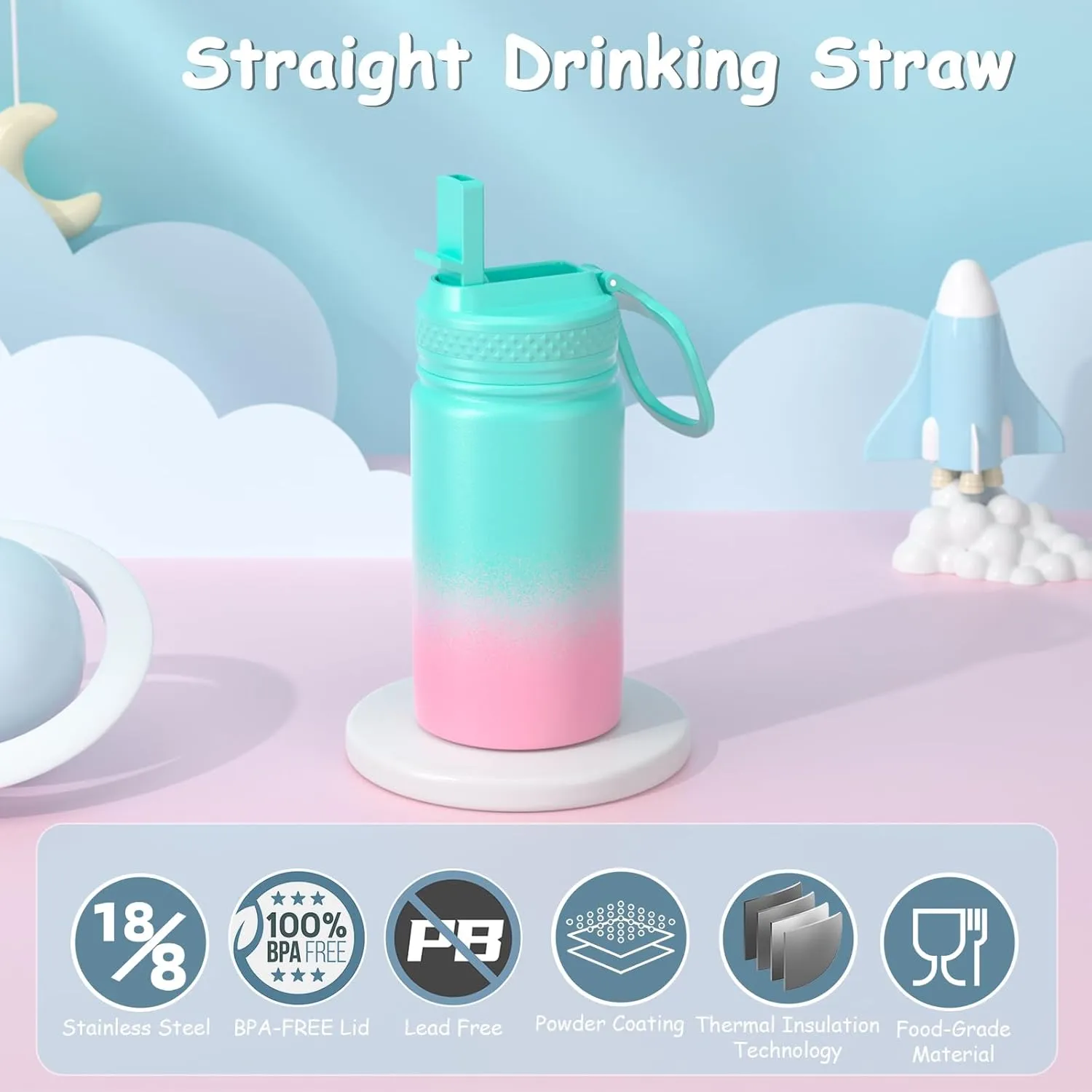 MURRICON 12oz Kids Water Bottle for School,Stainless Steel Water Bottles Kids with Straw,Vacuum Insulated Water Bottle for Kids,Gifts for Boys and Girls,GreenPink