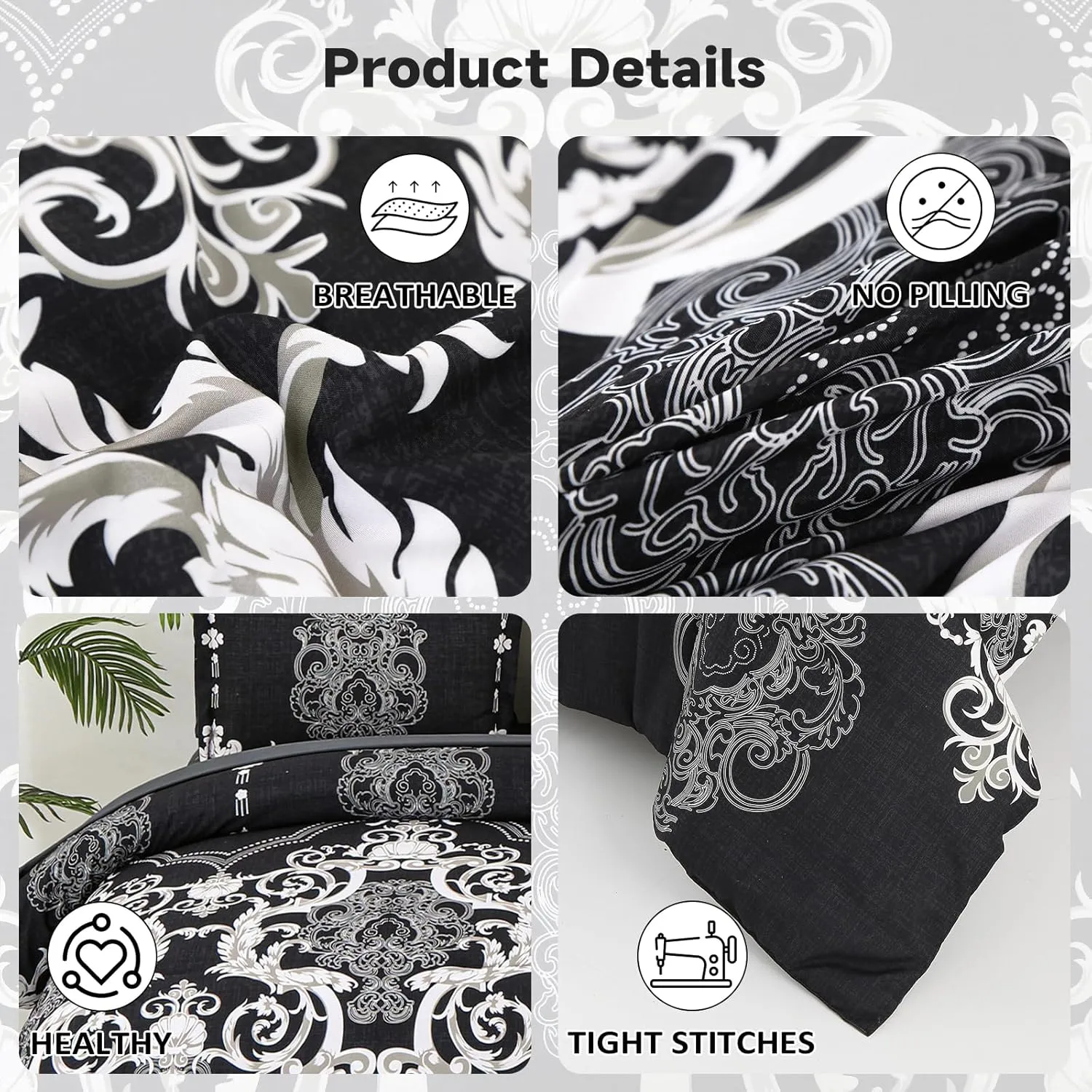 Mybedsoul King Size comforter set, 7 Pieces Boho Bed in a Bag for King Bed, Black Damask Comforter Set with Sheet, Pillowcases & Shams, Soft Microfiber Lightweight Bedding Set for All Season(90"x104")