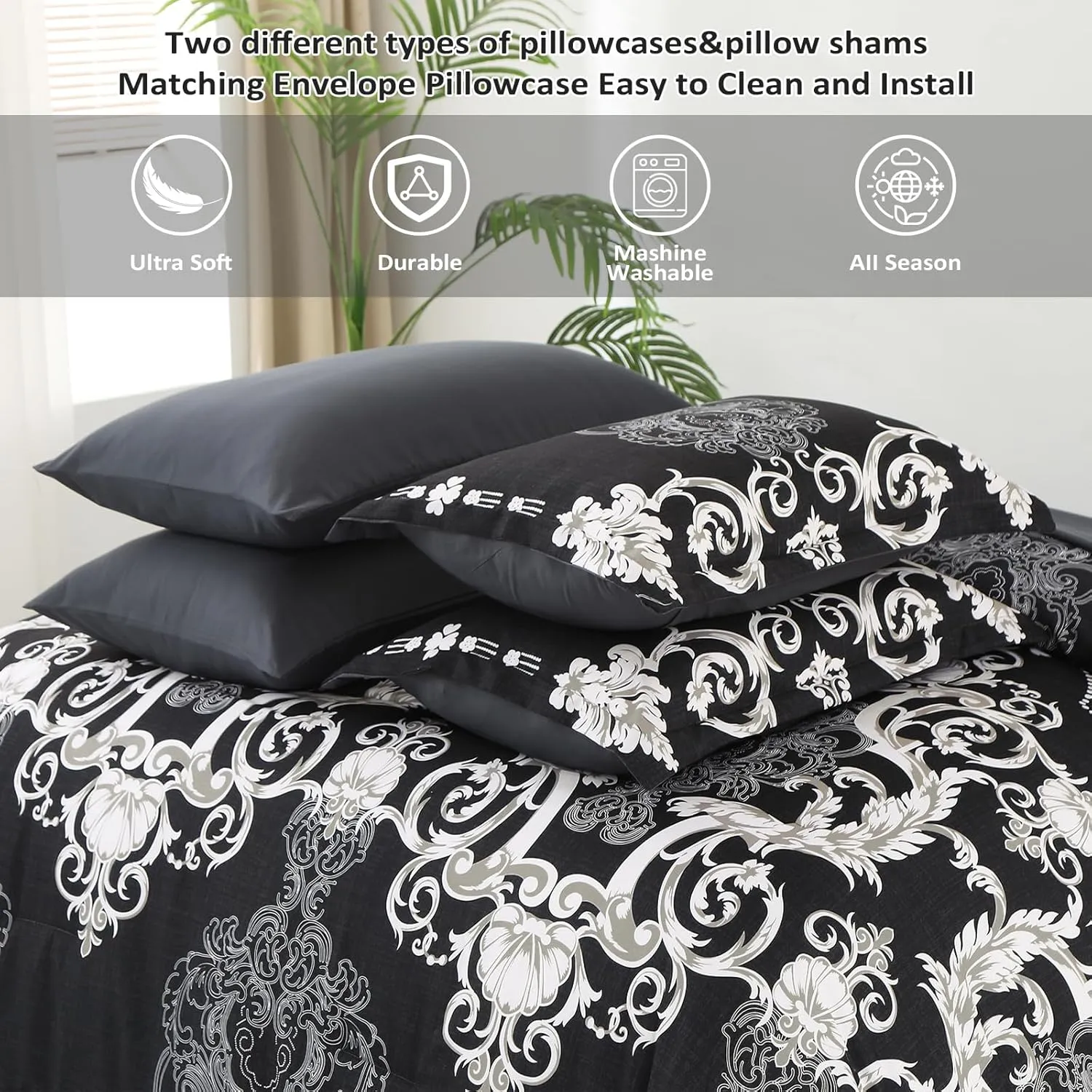 Mybedsoul King Size comforter set, 7 Pieces Boho Bed in a Bag for King Bed, Black Damask Comforter Set with Sheet, Pillowcases & Shams, Soft Microfiber Lightweight Bedding Set for All Season(90"x104")