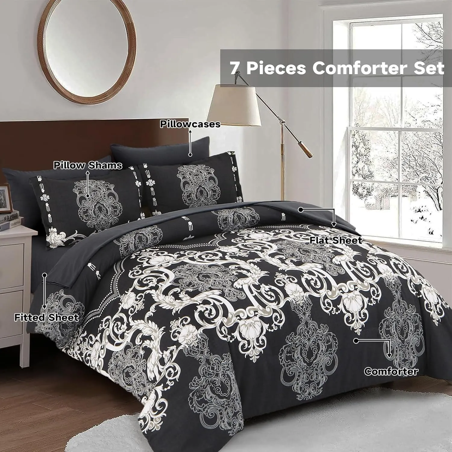 Mybedsoul King Size comforter set, 7 Pieces Boho Bed in a Bag for King Bed, Black Damask Comforter Set with Sheet, Pillowcases & Shams, Soft Microfiber Lightweight Bedding Set for All Season(90"x104")