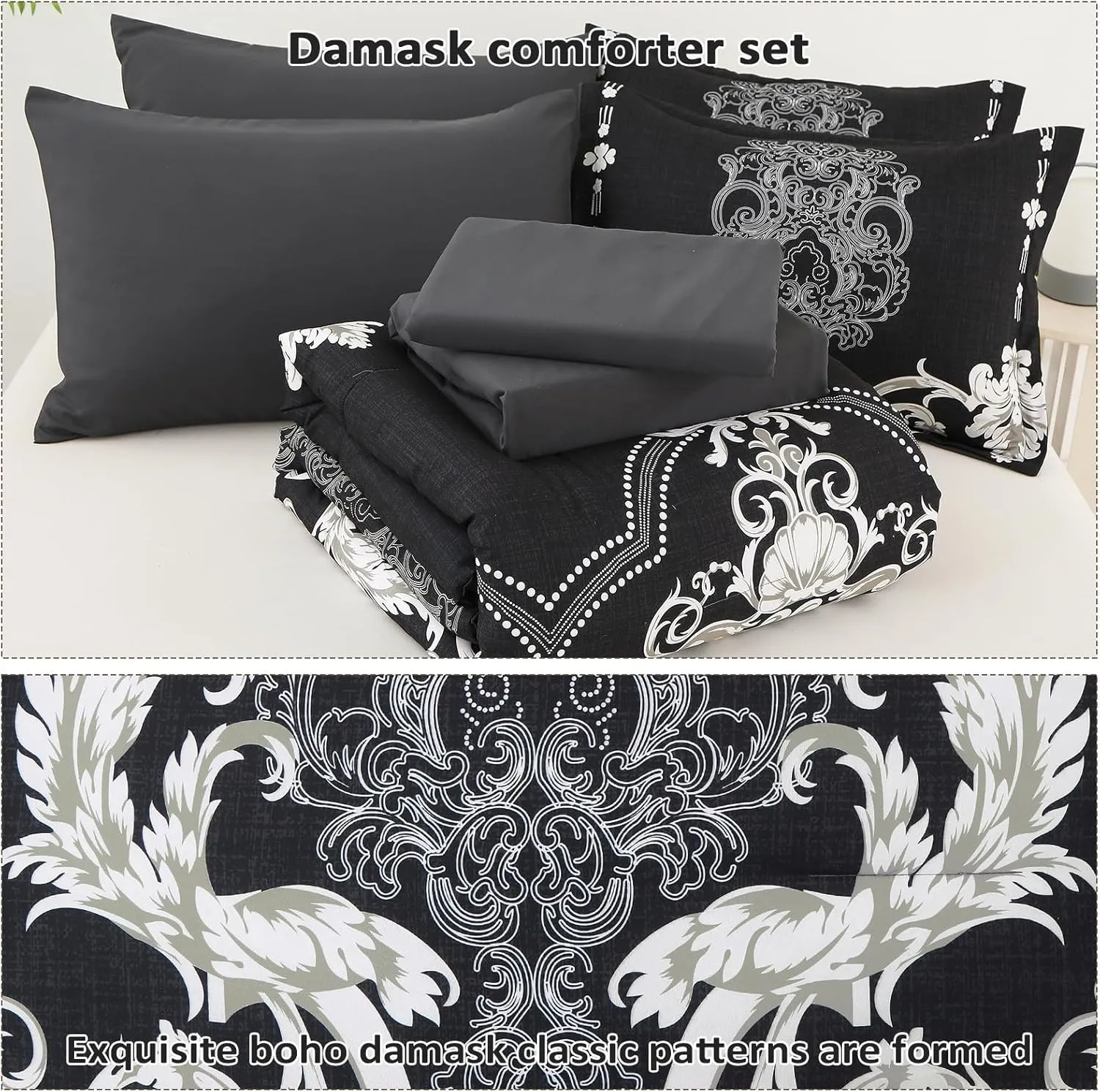 Mybedsoul King Size comforter set, 7 Pieces Boho Bed in a Bag for King Bed, Black Damask Comforter Set with Sheet, Pillowcases & Shams, Soft Microfiber Lightweight Bedding Set for All Season(90"x104")