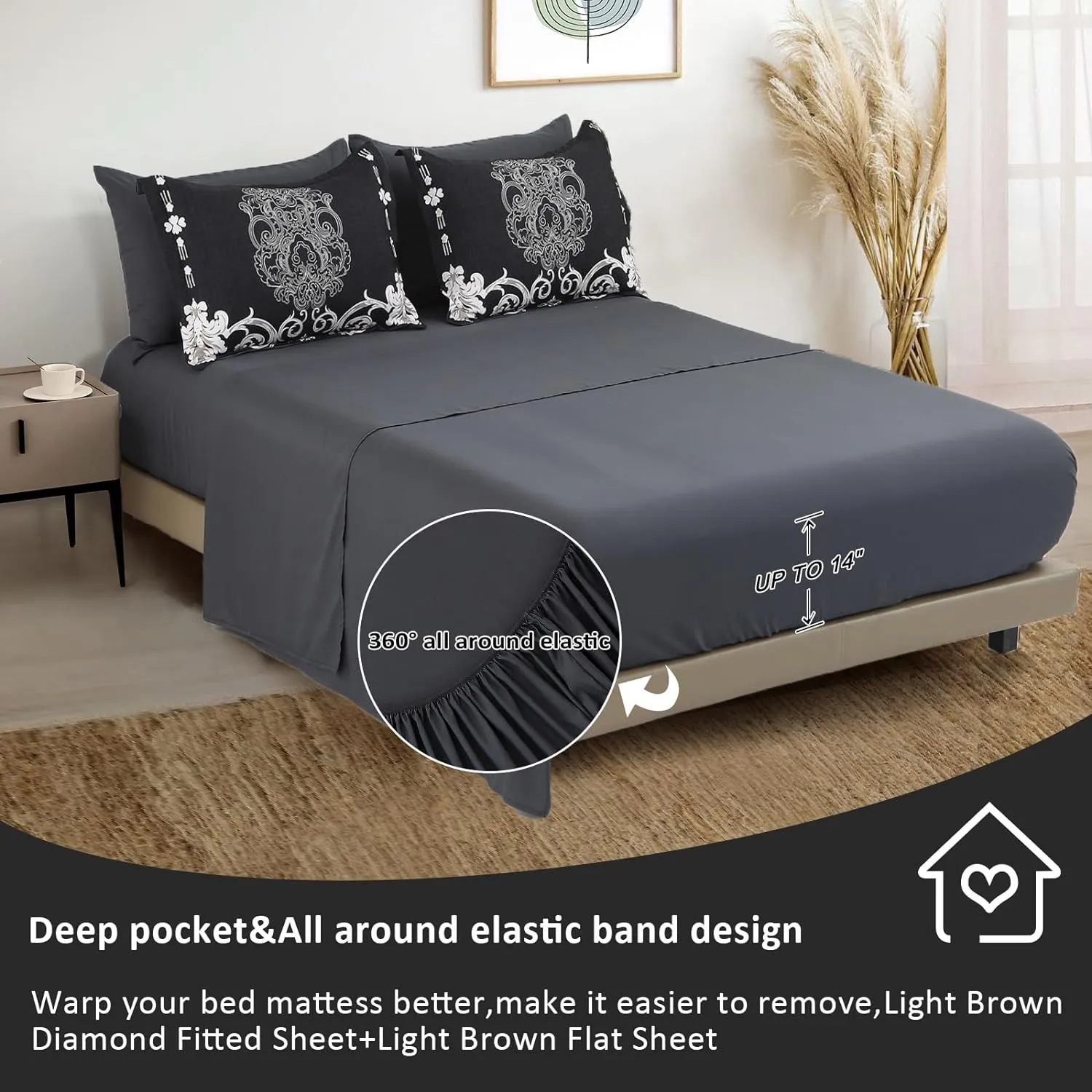 Mybedsoul King Size comforter set, 7 Pieces Boho Bed in a Bag for King Bed, Black Damask Comforter Set with Sheet, Pillowcases & Shams, Soft Microfiber Lightweight Bedding Set for All Season(90"x104")