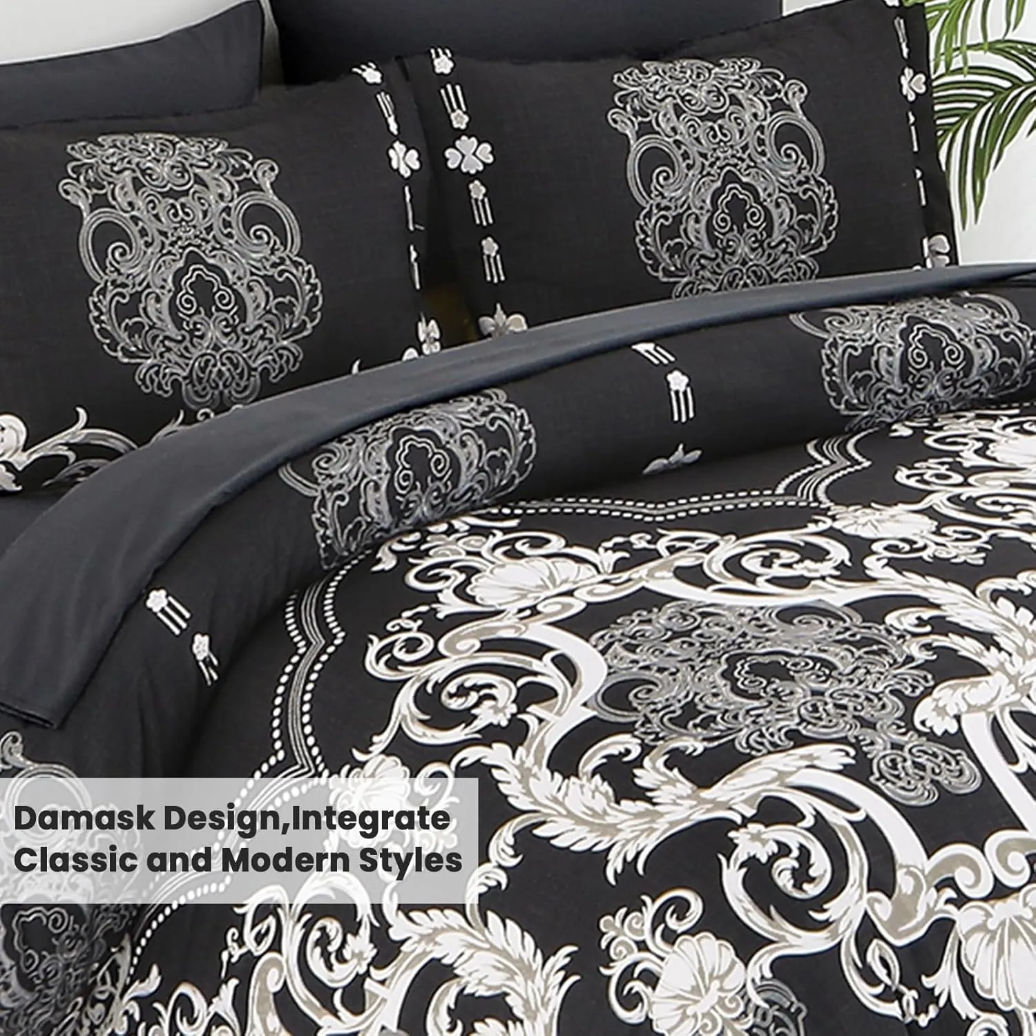 Mybedsoul King Size comforter set, 7 Pieces Boho Bed in a Bag for King Bed, Black Damask Comforter Set with Sheet, Pillowcases & Shams, Soft Microfiber Lightweight Bedding Set for All Season(90"x104")