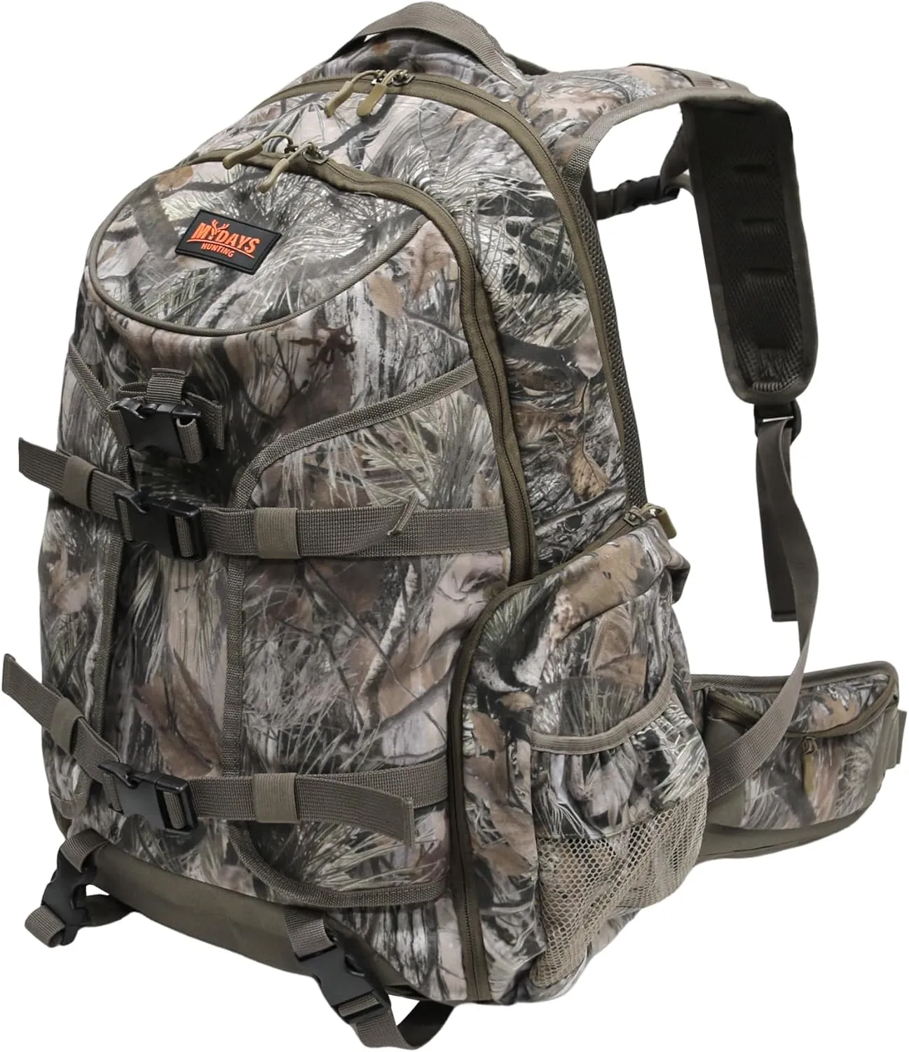 MYDAYS Hunting Backpack, Waterproof Camo Hunting Pack with Bow & Rifle Holder,Outdoor Gear Durable Large Capacity Hunting Daypack for Rifle Bow Gun
