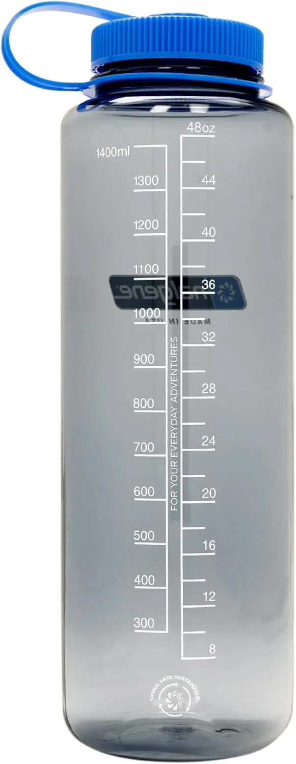 Nalgene Sustain Tritan BPA-Free Water Bottle Made with Material Derived from 50% Plastic Waste (using ISCC certified mass balance), 48 OZ, Wide Mouth, Grey