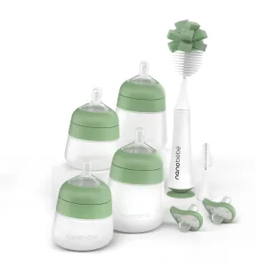 Nanobebe Silicone Baby Bottle Flexy Set with Anti-Colic Nipples, Bottle Brush and Pacifiers - 5oz and 9oz - Sage