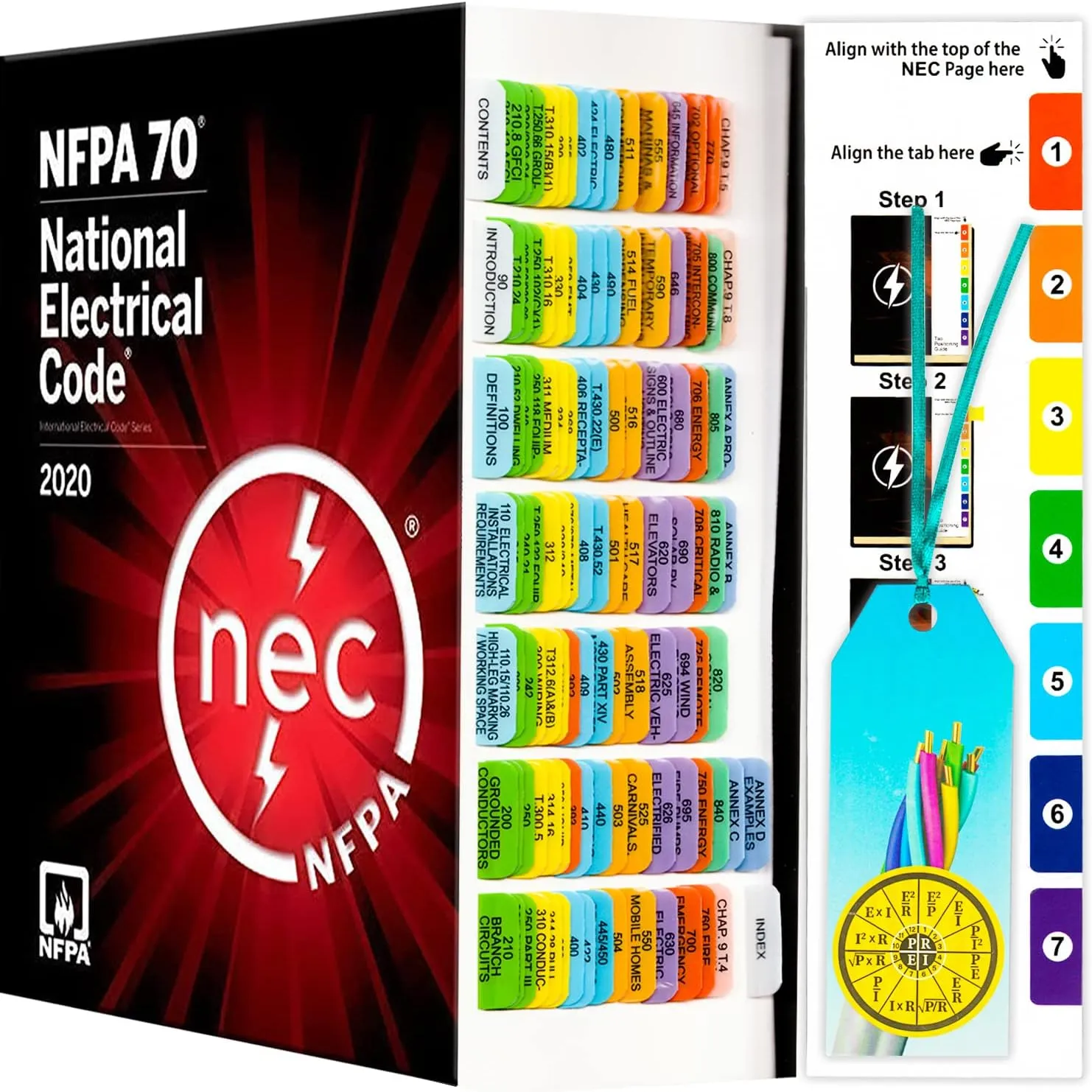 National Electrical Code 2020 NEC Index Tabs (112 Pieces) - PVC Material - Color-Coded with Wire Chart, Formula Guide, Ohm's Law Stickers, Alignment Guide and Bookmarker