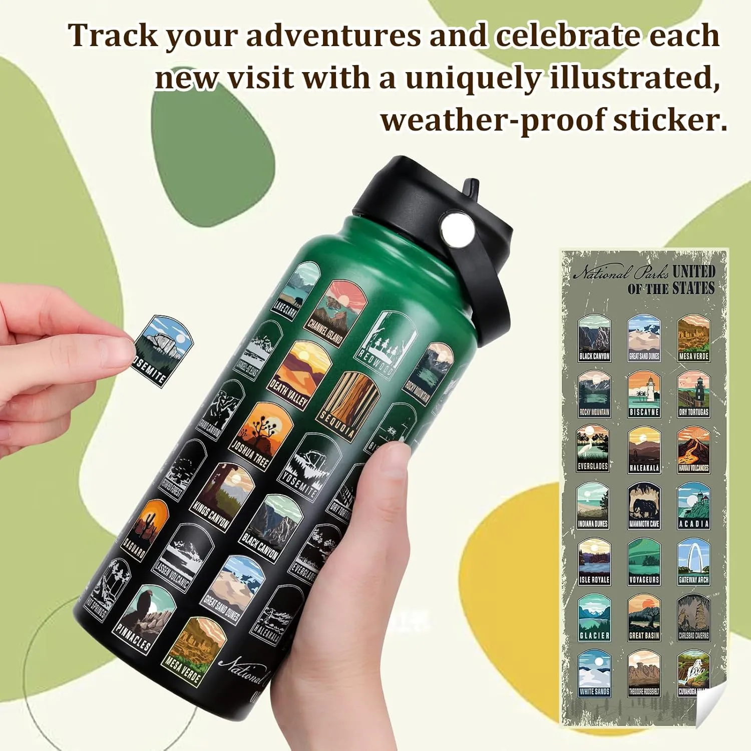 National Parks Water Bottle with Stickers | 32oz Leakproof Insulated Stainless Steel with Straw | Perfect for Hiking, Camping & Travel (Green-Black)