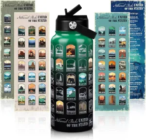 National Parks Water Bottle with Stickers | 32oz Leakproof Insulated Stainless Steel with Straw | Perfect for Hiking, Camping & Travel (Green-Black)