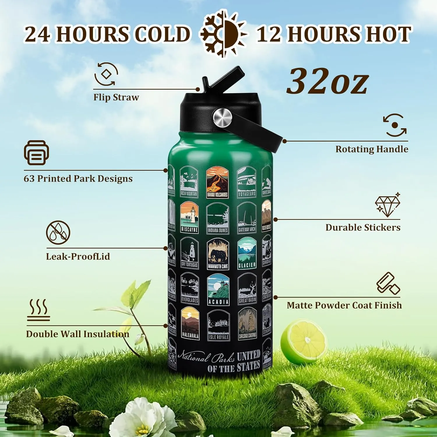 National Parks Water Bottle with Stickers | 32oz Leakproof Insulated Stainless Steel with Straw | Perfect for Hiking, Camping & Travel (Green-Black)