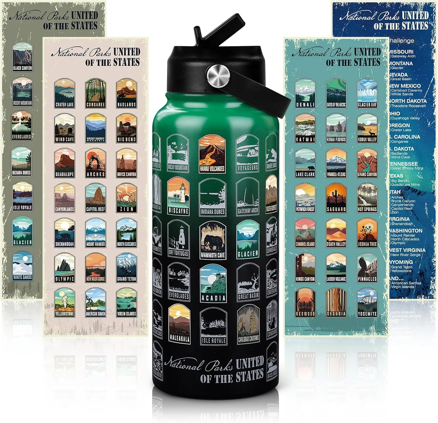 National Parks Water Bottle with Stickers | 32oz Leakproof Insulated Stainless Steel with Straw | Perfect for Hiking, Camping & Travel (Green-Black)