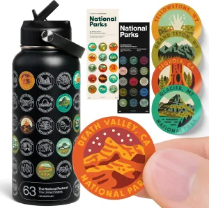 National Parks Water Bottle with Stickers Kit, Erikas Chesonis Collaboration, Adventure Flask with Straw, Waterproof Stickers for Water Bottle, Insulated Stainless Steel 32oz (Black)