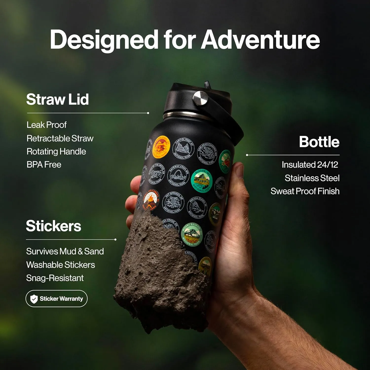 National Parks Water Bottle with Stickers Kit, Erikas Chesonis Collaboration, Adventure Flask with Straw, Waterproof Stickers for Water Bottle, Insulated Stainless Steel 32oz (Black)