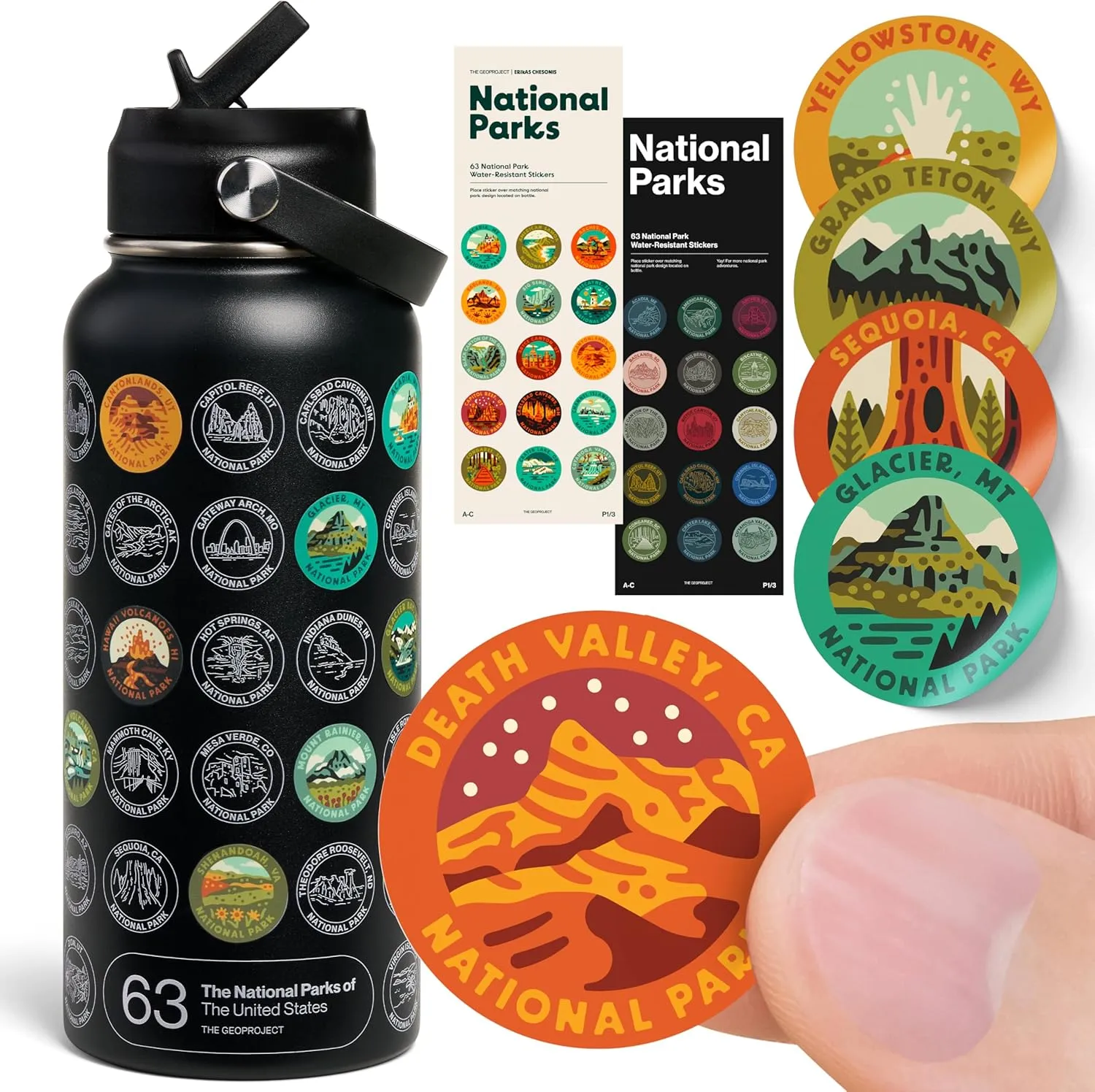 National Parks Water Bottle with Stickers Kit, Erikas Chesonis Collaboration, Adventure Flask with Straw, Waterproof Stickers for Water Bottle, Insulated Stainless Steel 32oz (Black)