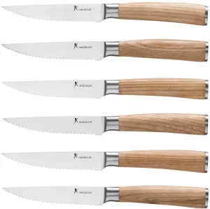 Natura Series 4.5” Serrated Steak Knife Set of 6, High Carbon Stainless Steel, Wooden Handle