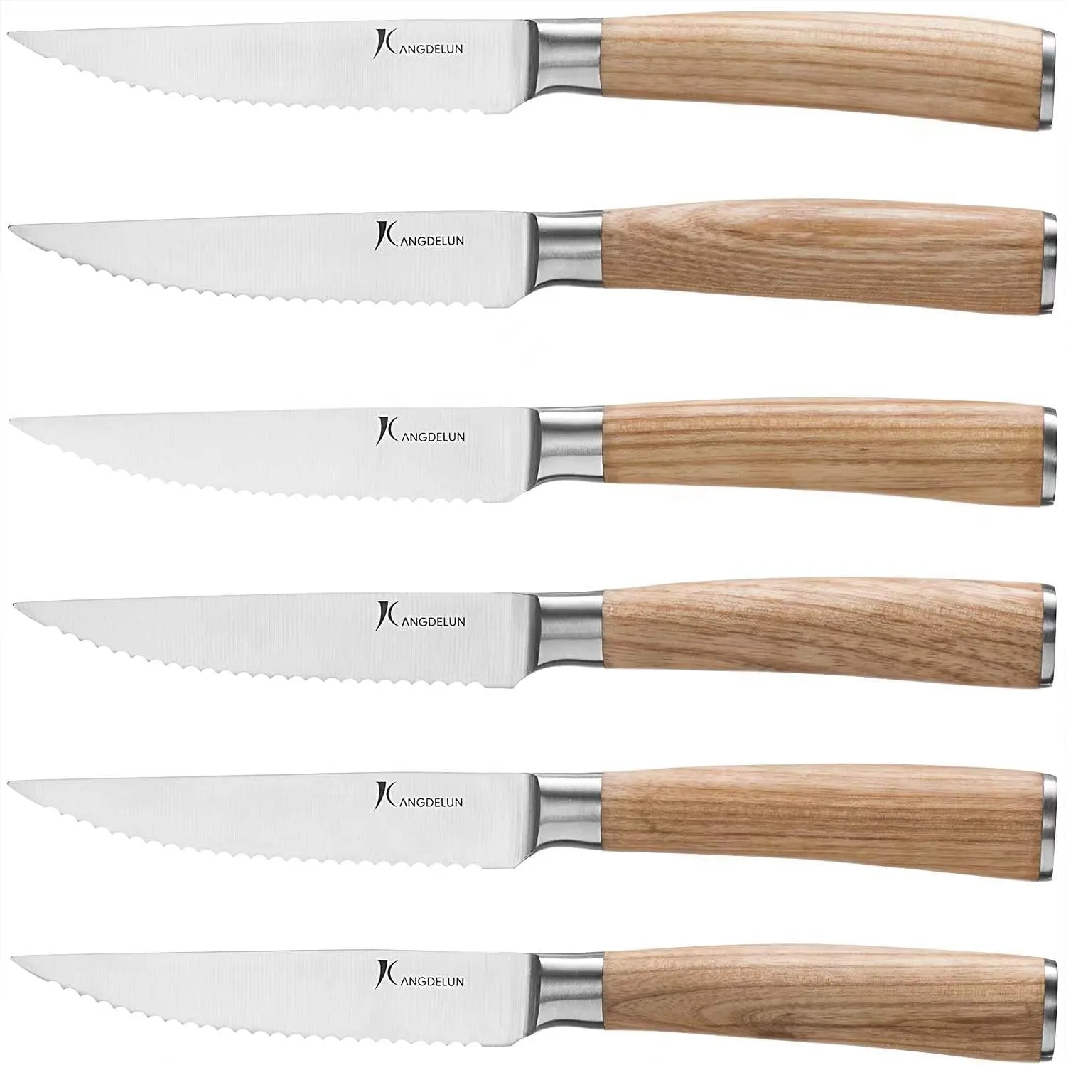 Natura Series 4.5” Serrated Steak Knife Set of 6, High Carbon Stainless Steel, Wooden Handle