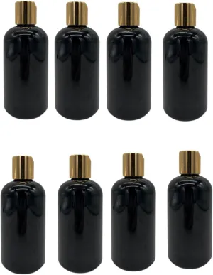Natural Farms 8 oz Plastic Black Boston BPA FREE Bottles - 8 Pack Empty Refillable Containers - Essential Oils Cleaning Products - Aromatherapy - Gold Disc Cap - Made in the USA